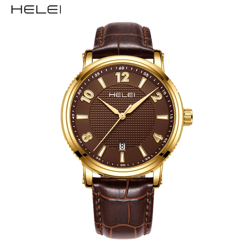 HELEI Fashion new sports casual quartz watch date genuine leather strap men's wristwatch