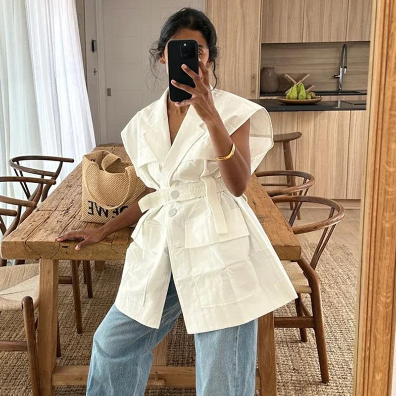 

Fmxires модная свободная белая хлопковая женская рубашка 2024, элегантные рубашки без рукавов с лацканами, повседневная классическая однотонная женская одежда