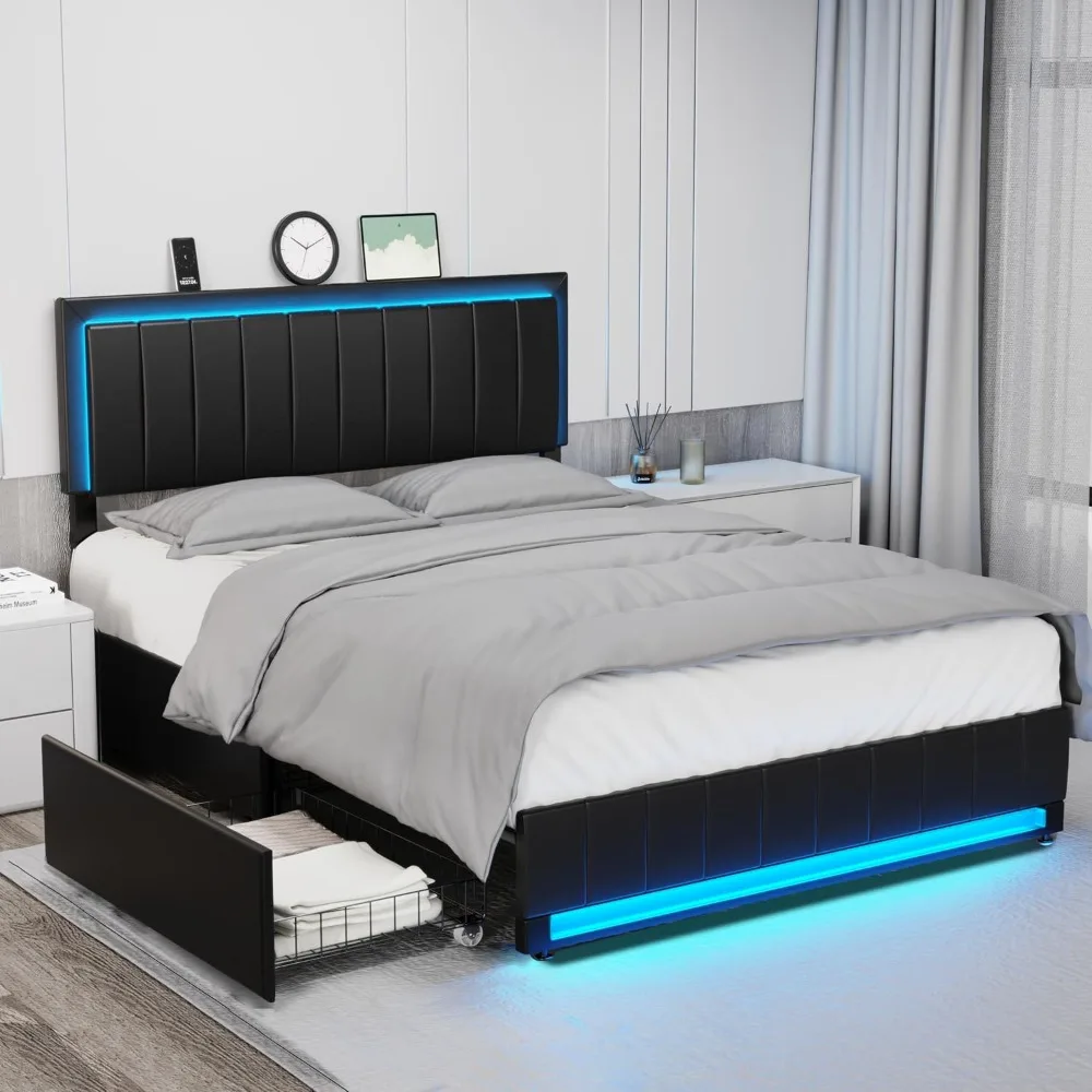 

Leather Bed Frame with Storage Drawers, LED Lights Adjustable Headboard & Led Lights Footboard, Upholstered Platform Bed Frame