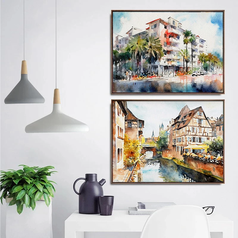 Reykjavik Bruges Washington Ireland Watercolor Cityscape Poster Canvas Painting  Travel Wall Art Picture Living Room Home Decor