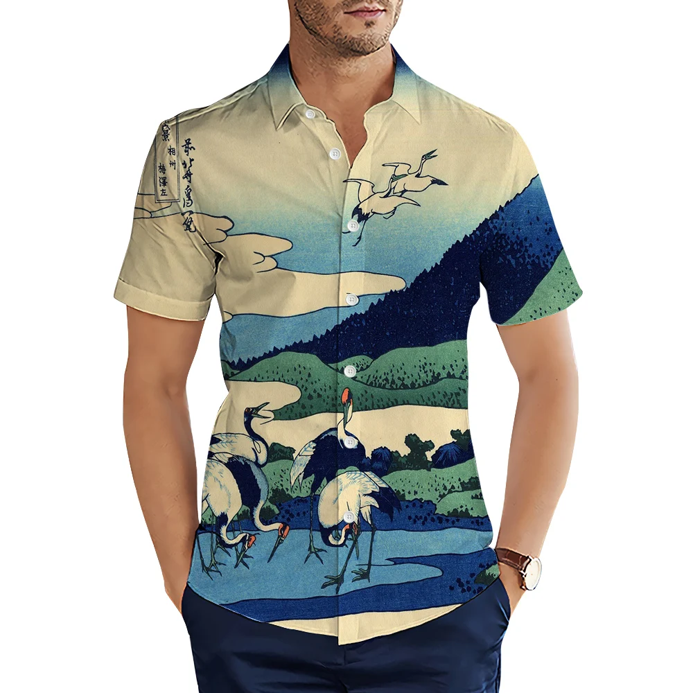 HX Ukiyo-e Camisas Japão Pintura de Arte Sunburst Polvo 3D Impresso Camisa Casual Manga Curta Tops Roupas Masculinas