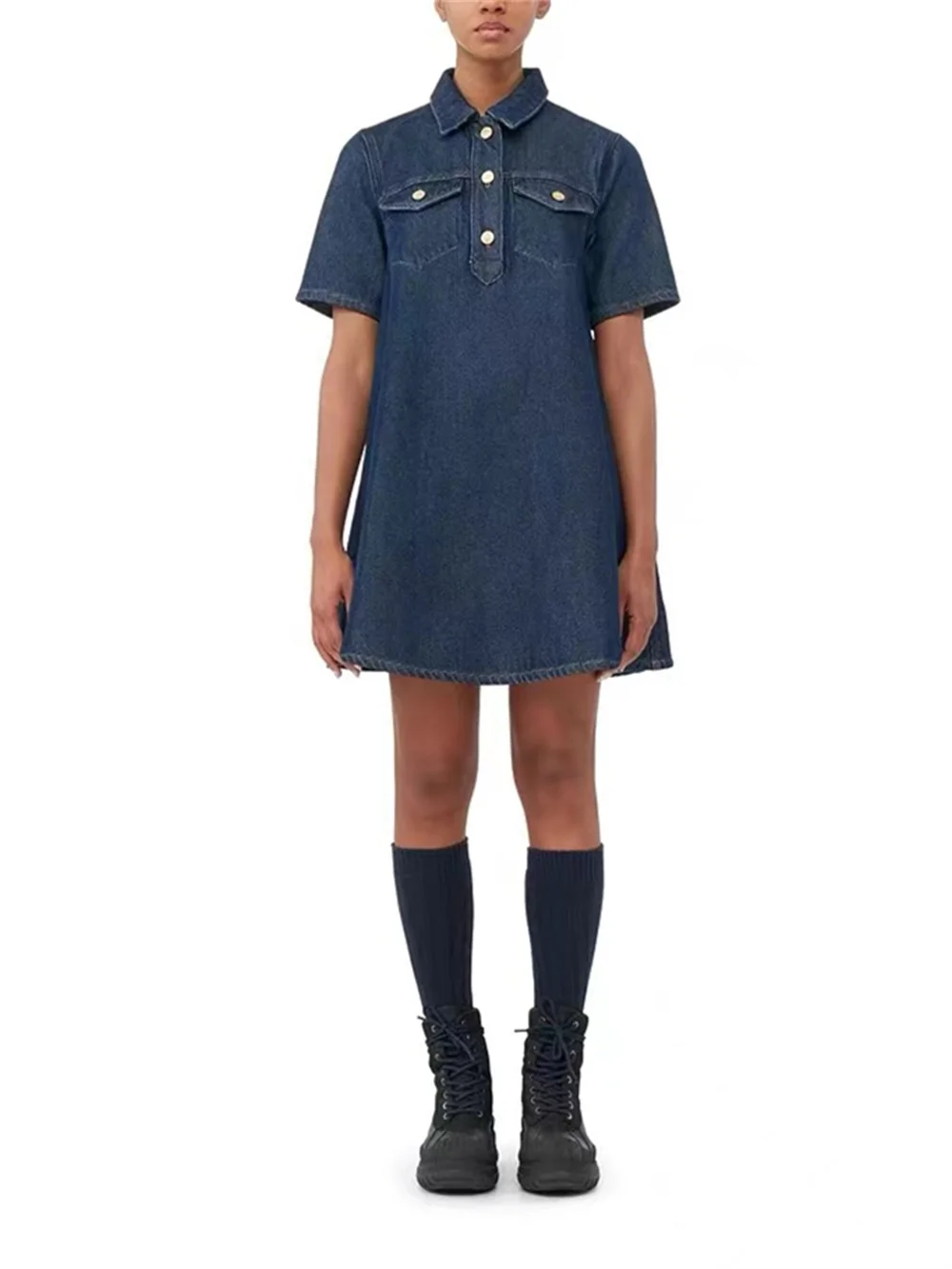 

2023 New Ladies Shirt Sleeve Solid Color Loose A-Line Mini Robe with Pockets Women Turn Down Collar Vintage Denim Dress Autumn