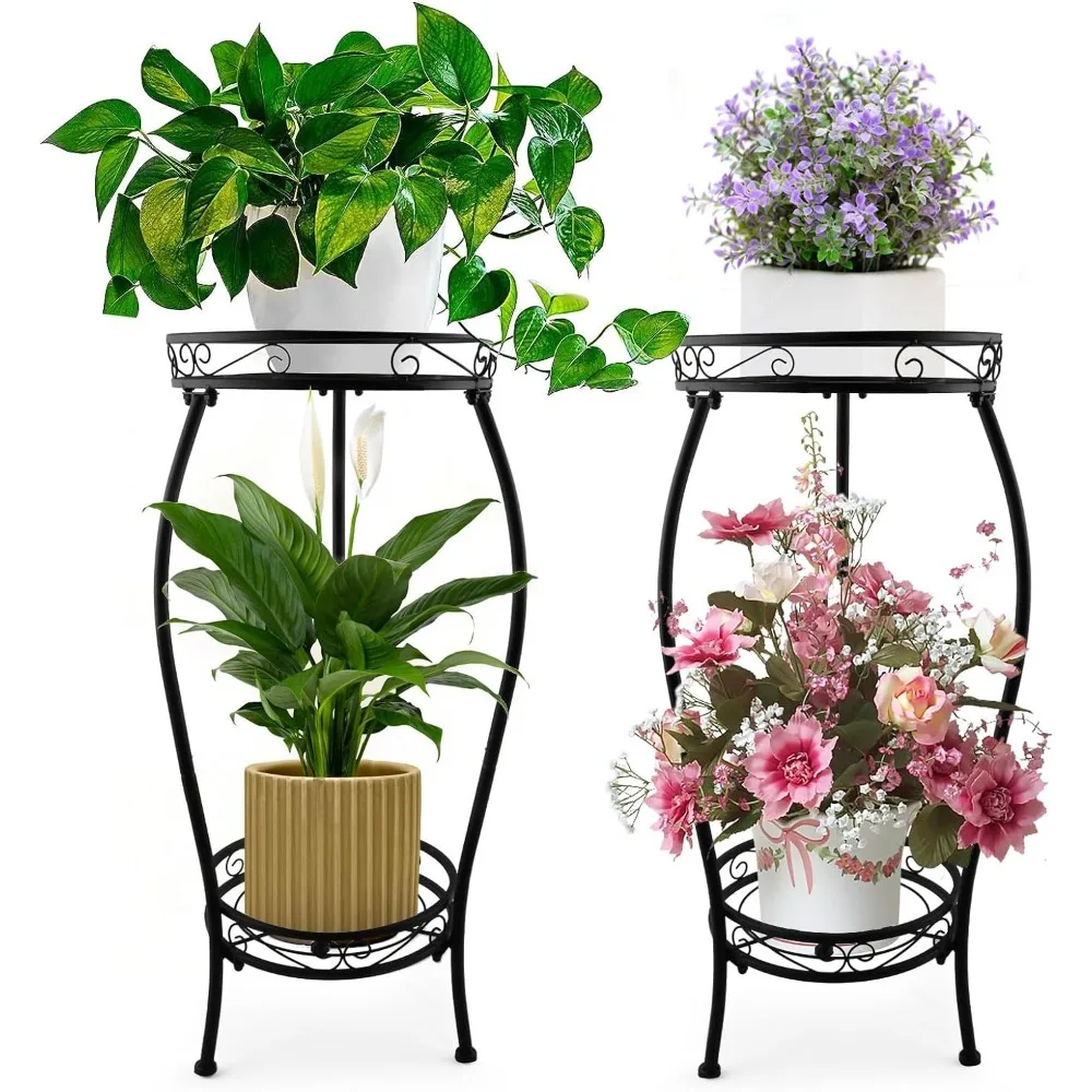 

2 Pack Plant Stand Indoor Outdoor, 2 Tier Tall Black Metal Rustproof Stable Plant Stands, Multiple Plant Sturdy Rack Holder