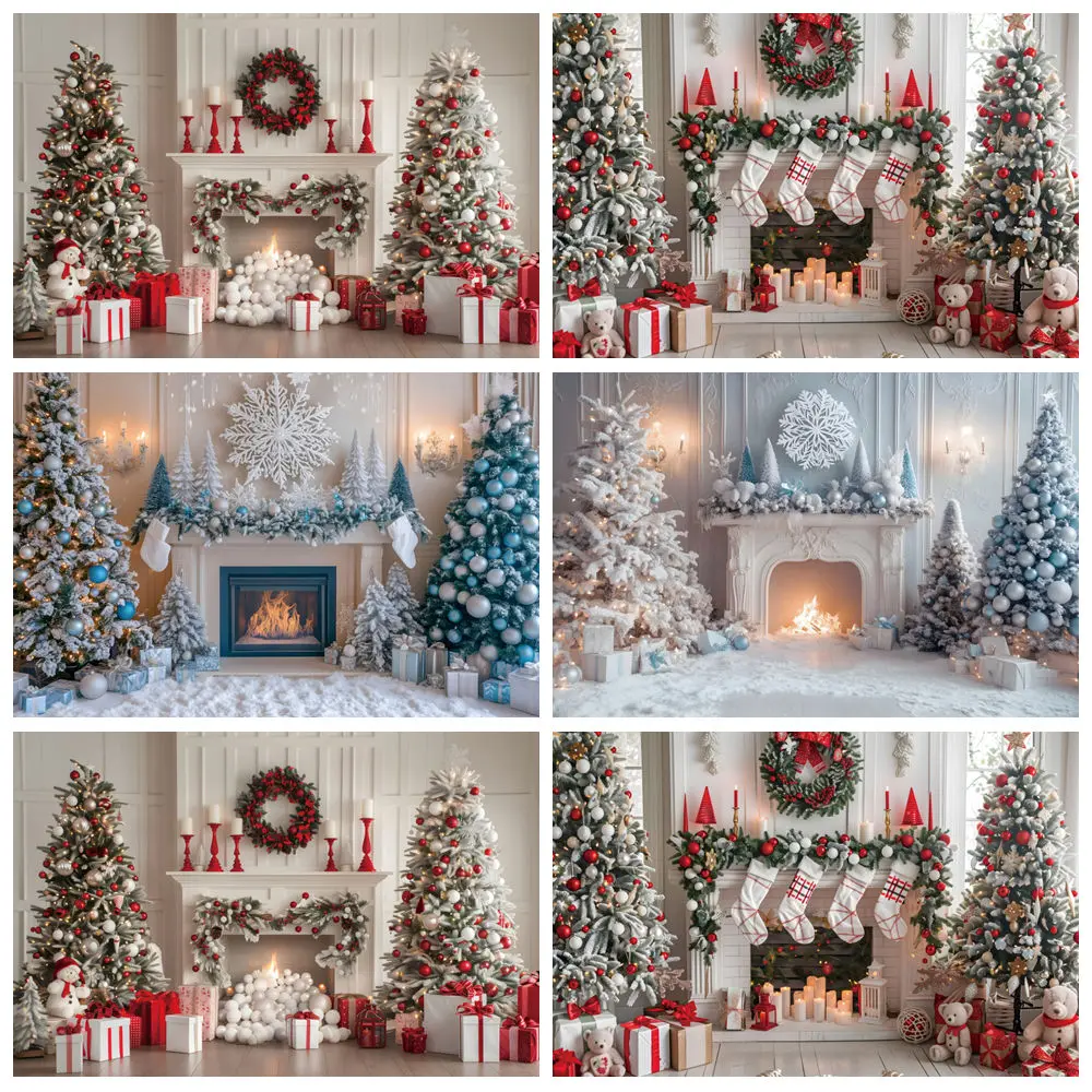 

Christmas Fireplace Backdrop White Red Christmas Tree Photography Background Family Kids Holiday Party Banner Decorations Photo