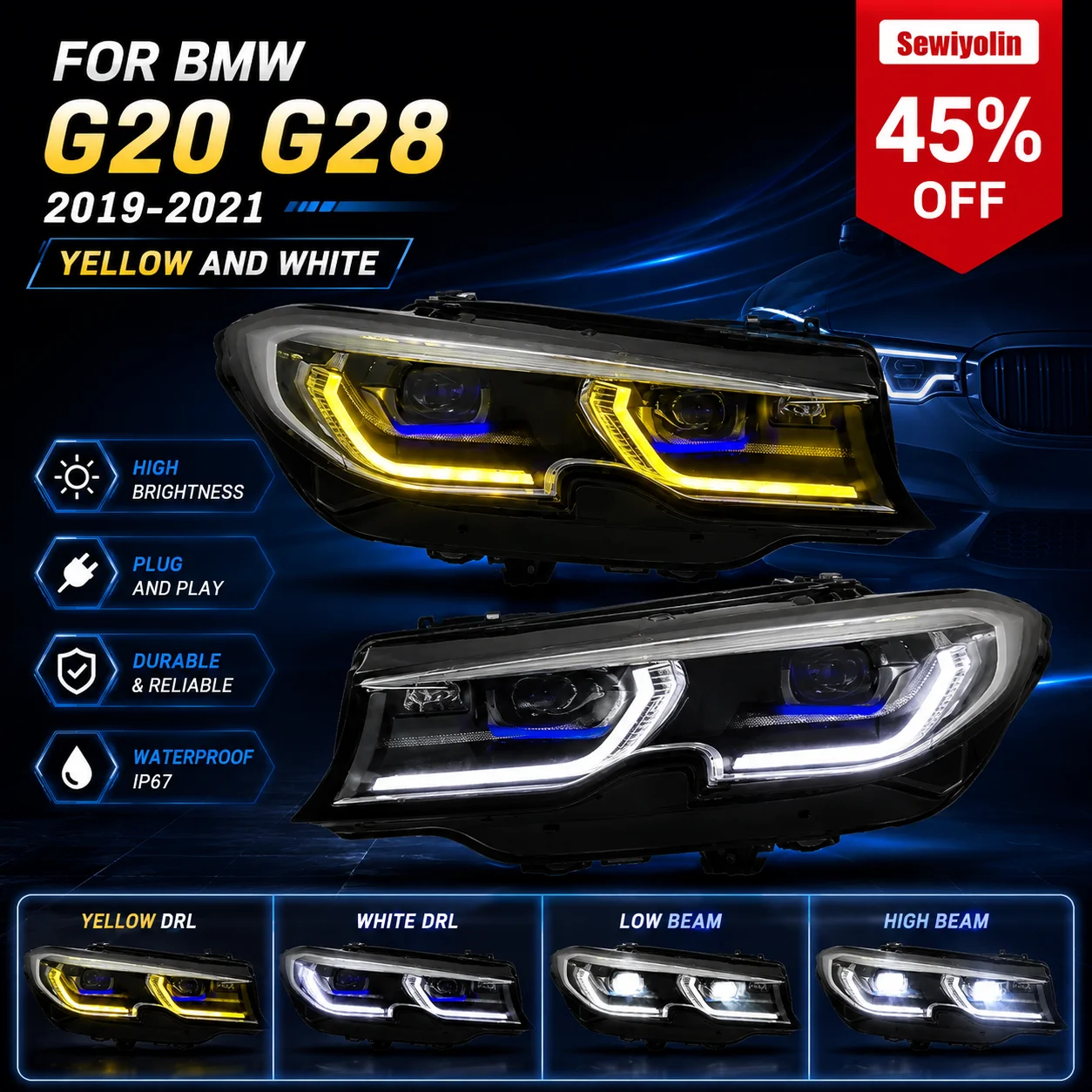 

Car LED Headlight Light Parts For BMW G20 G28 2019-2021 Laser Auto Fog Yellow And White DRL Turn Signal Lamp Plug