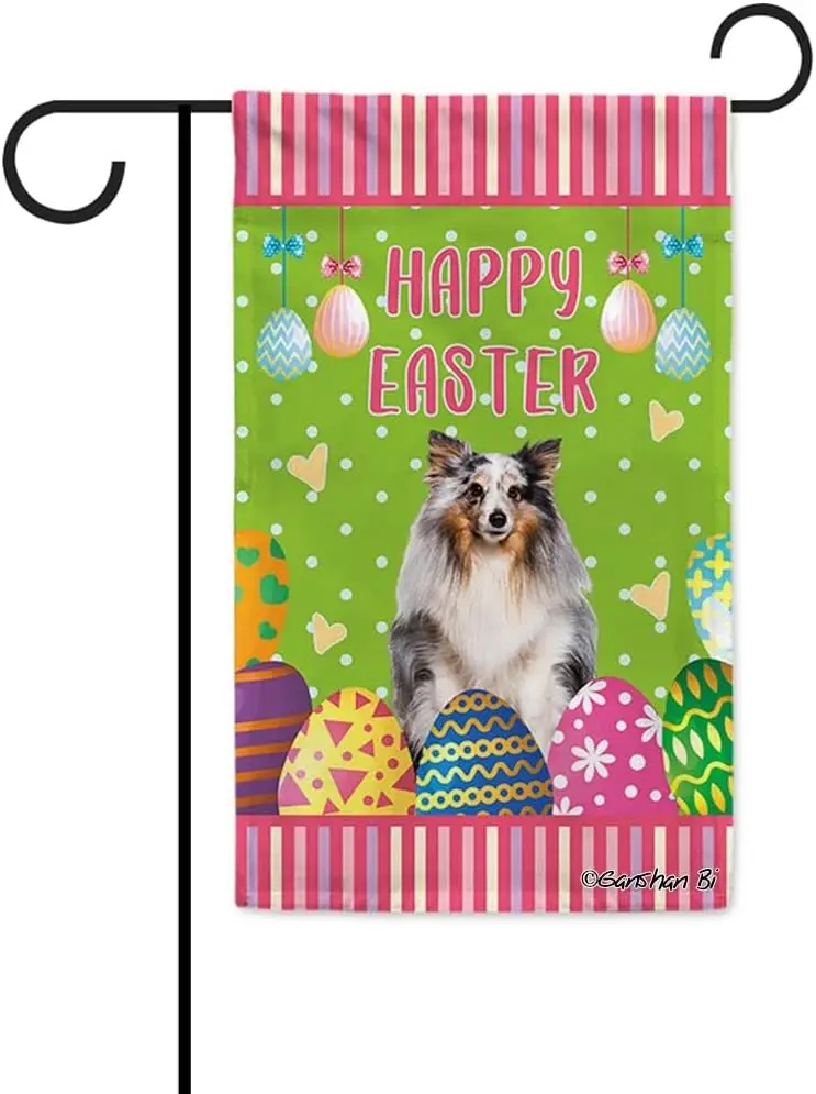 Sheltie Dog Happy Easter Garden Flag Colorful Eggs Polka Dots Stripe Holiday Decorative Yard Flag Banner for Outside Double Side