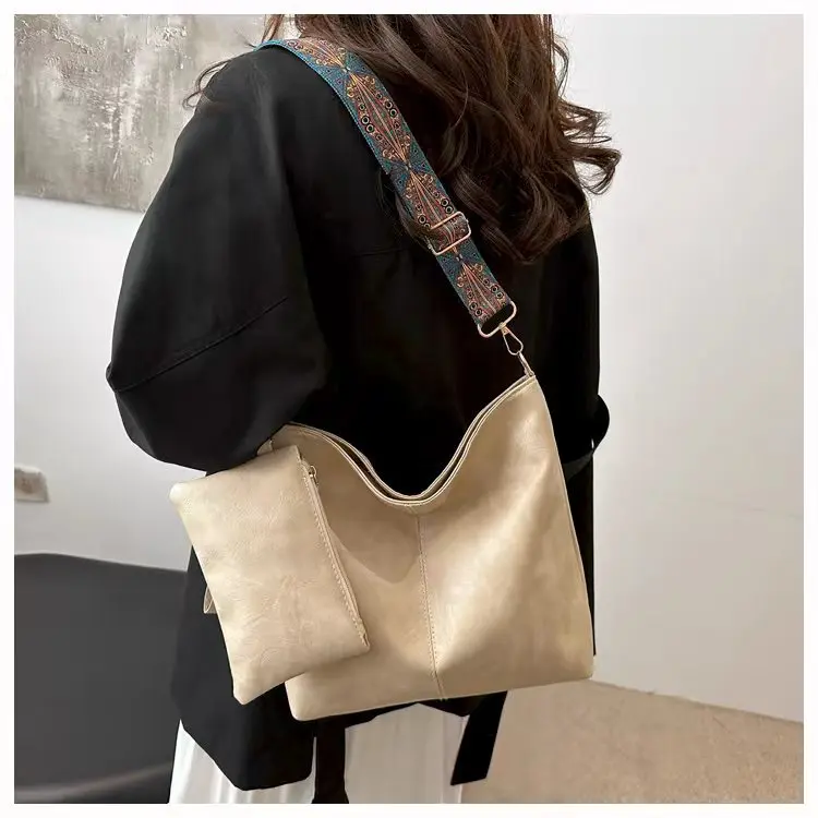 Damen-Eimer-Einkaufstaschen-Set aus Retro-PU-Material, verstellbarer breiter Riemen für den täglichen Bedarf, mit modischem Reißverschluss und Polyesterfutter – Detail 1