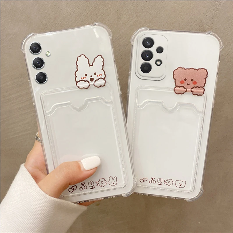 Transparent Card Slot Holder Phone Case For Samsung Galaxy A34 A54 A14 A13 A33 A53 A23 A50 A30S A50S Korea Bear Pocket Bag Cover