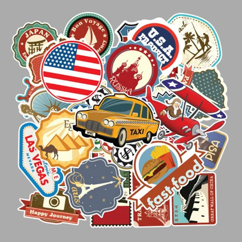 100Pcs/set Travel Map Country Famous Logo PVC Waterproof Stickers Decor Suitcase