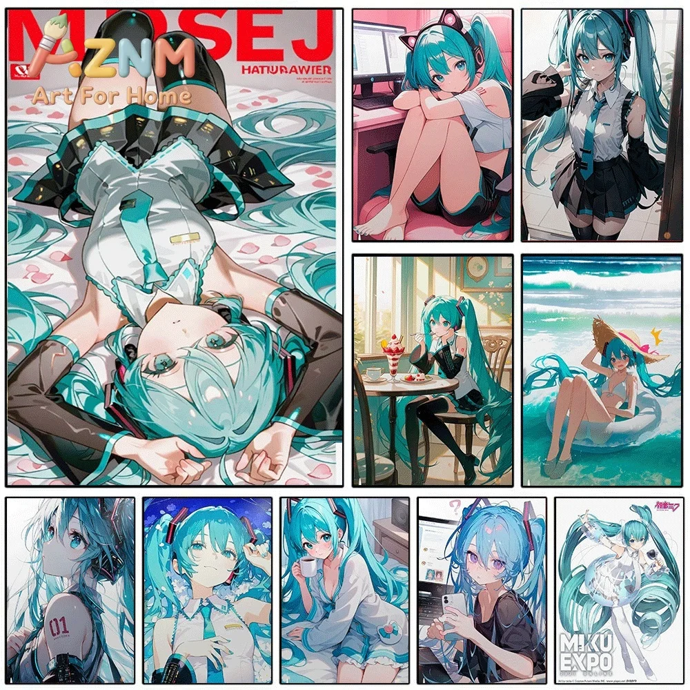 Hatsune Miku Daily Life Casual Bed Cafe Beach Swimsuit Collage Canvas Painting Unframed Anime Vocaloid Wall Art Poster for Bed