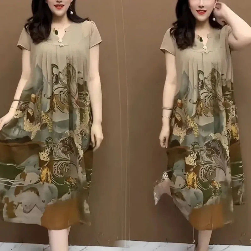 2024 Summer New Women's Fashion Casual Printed V-Neck Button Slim and Flesh Covering Landscape Painting Half Sleeved Midi Dress