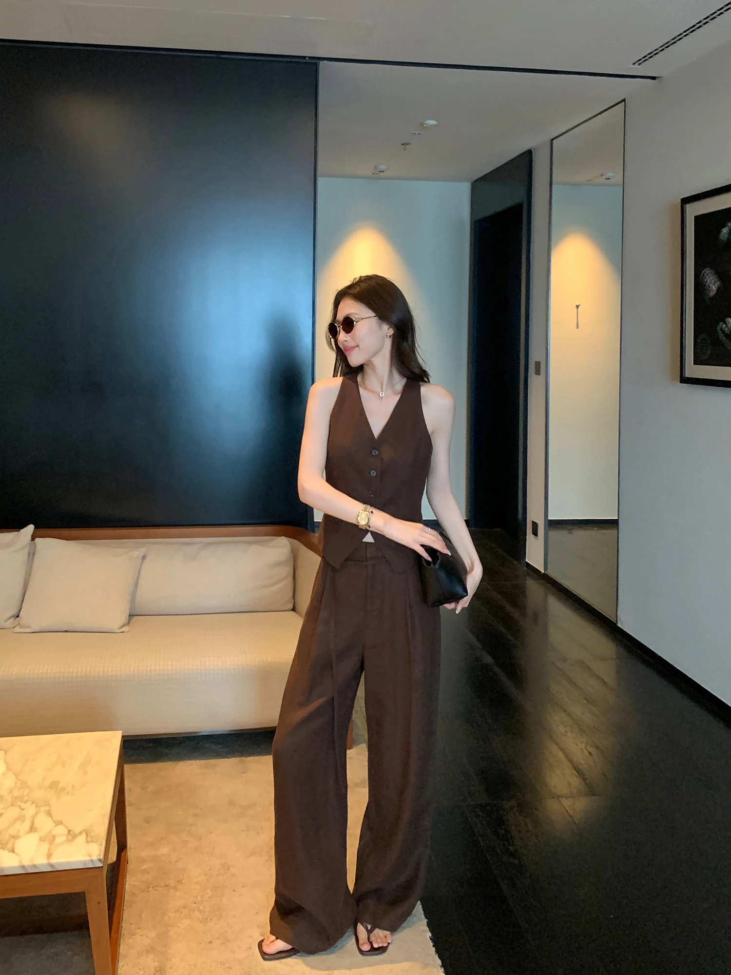 Pusumede Intelligent Commuting Series Women's High Waist Short Skirt Wide Leg Pants Set Linen Material Old Money Style