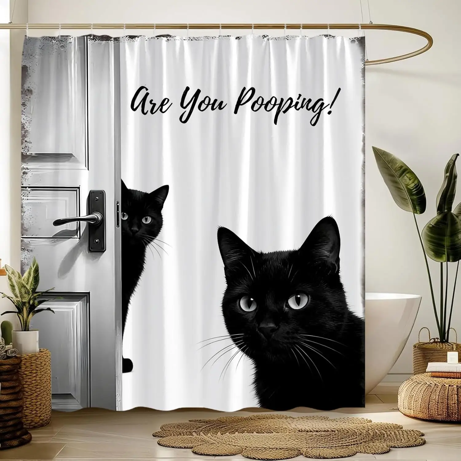 

Humorous Black Cat Shower Curtain, Are You Pooping Print, Waterproof Fabric Bath Curtain for Funny Bathroom Home Decor