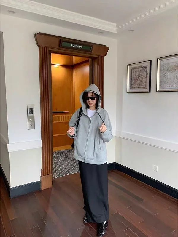 

Оверсайз 300 Pou Корейская свободная толстовка с капюшоном на молнии, шикарный повседневный кардиган, модный топ