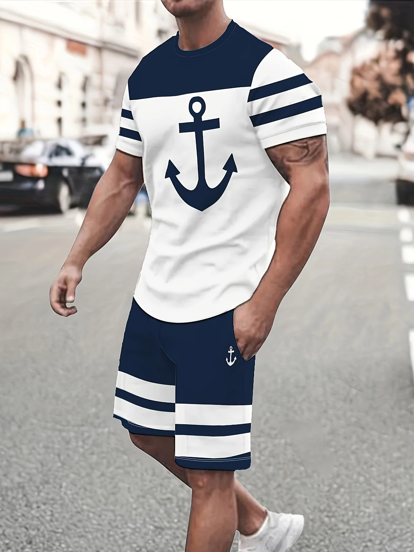 

2-Piece Men's Anchor Print Summer Clothing Set, Color Matching Short Sleeve Crew Neck T-Shirt and Elastic Waist