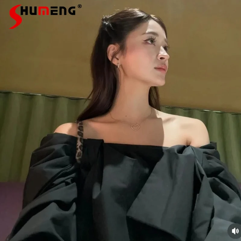 

2026 Summer New Women's Chic Off Shoulder Top Blusas Black Ruched Long Sleeves Blouse Elegant Casual Daily Wear Shirt For Ladies