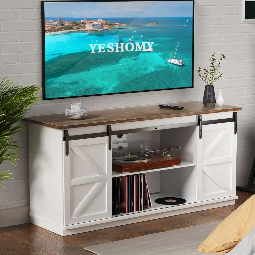 Farmhouse TV Stand e Entertainment Center, com portas de celeiro deslizantes, armários de armazenamento, até 65 polegadas