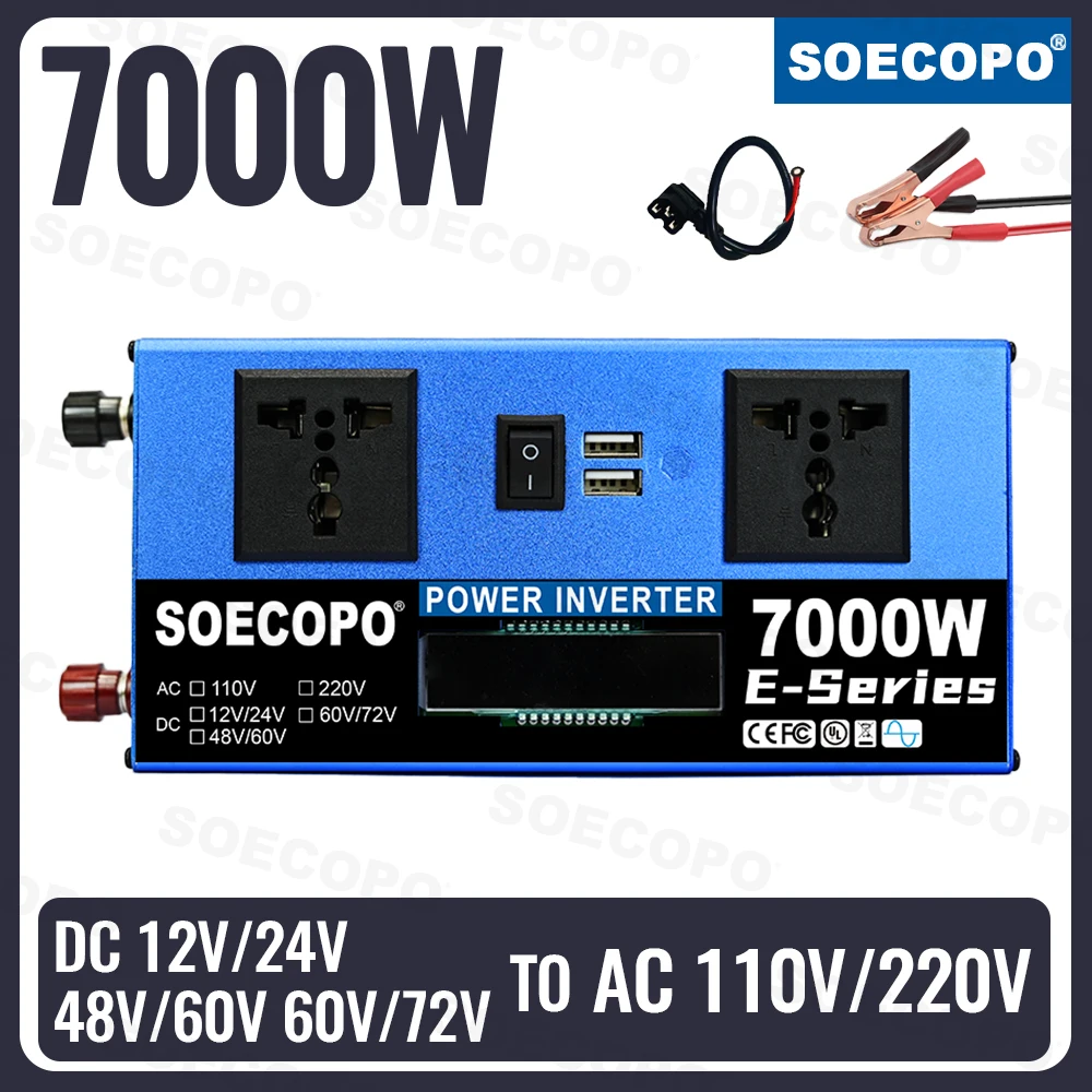 

SOECOPO 7000W Car Inverter, 2 USB Ports 2 Sockets Dual Voltage Input DC 12V/24V to AC 110/220V Car Voltage Converter Camping RV
