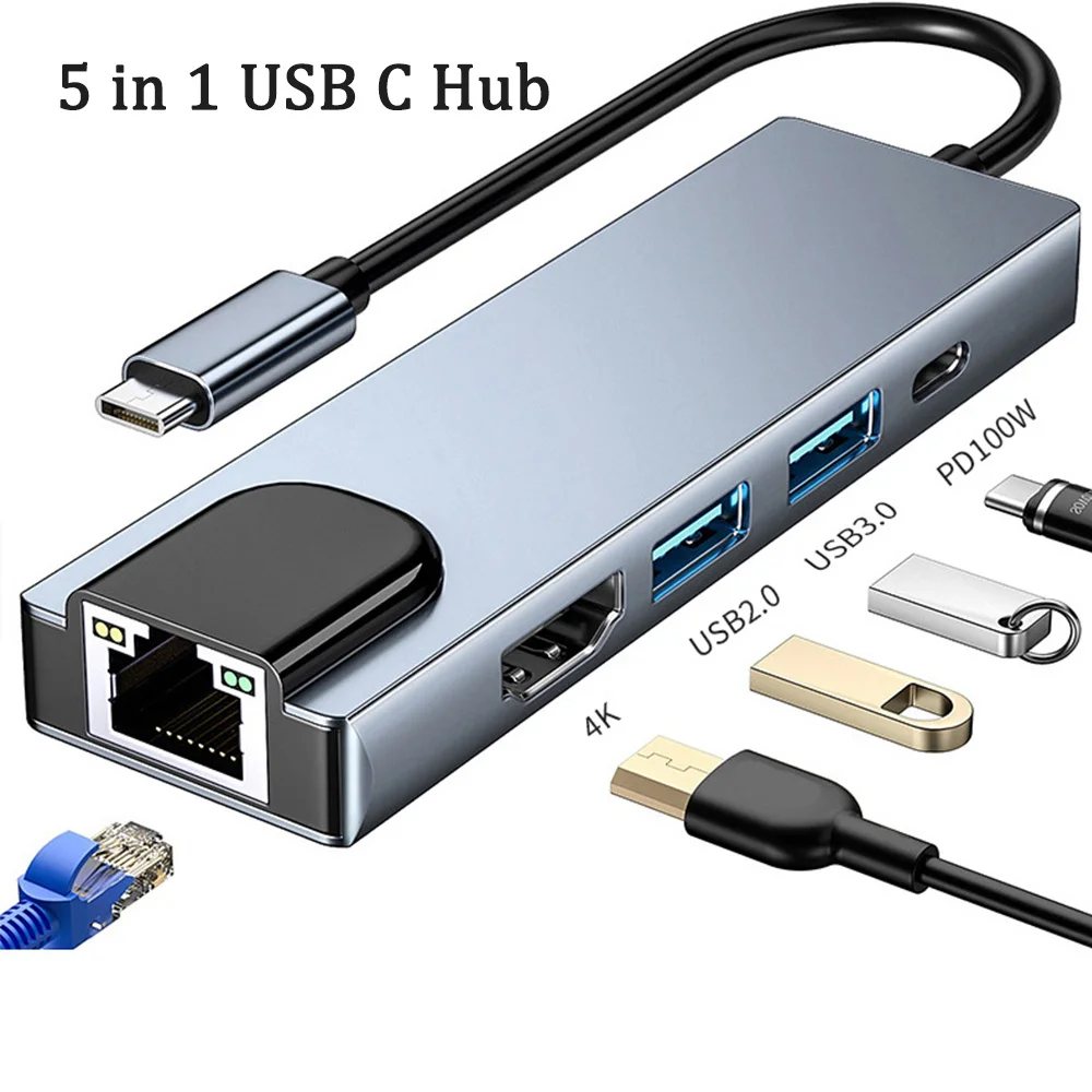 

5/4 in 1 USB C Hub to LAN HDMI-compatible USB2.0 Docking Station Adapter PD Charging Readable Card for Macbook Pro/Air M1