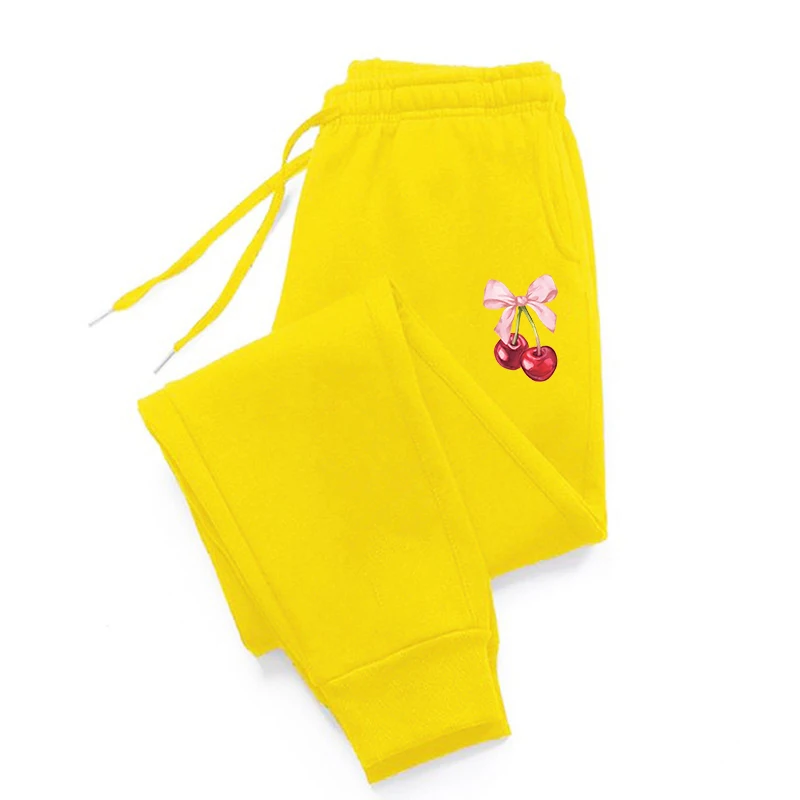Pantalon de survêtement imprimé nœud et cerise pour femmes, Style de rue, poche, doux, Jogging, long, décontracté, taille élastique