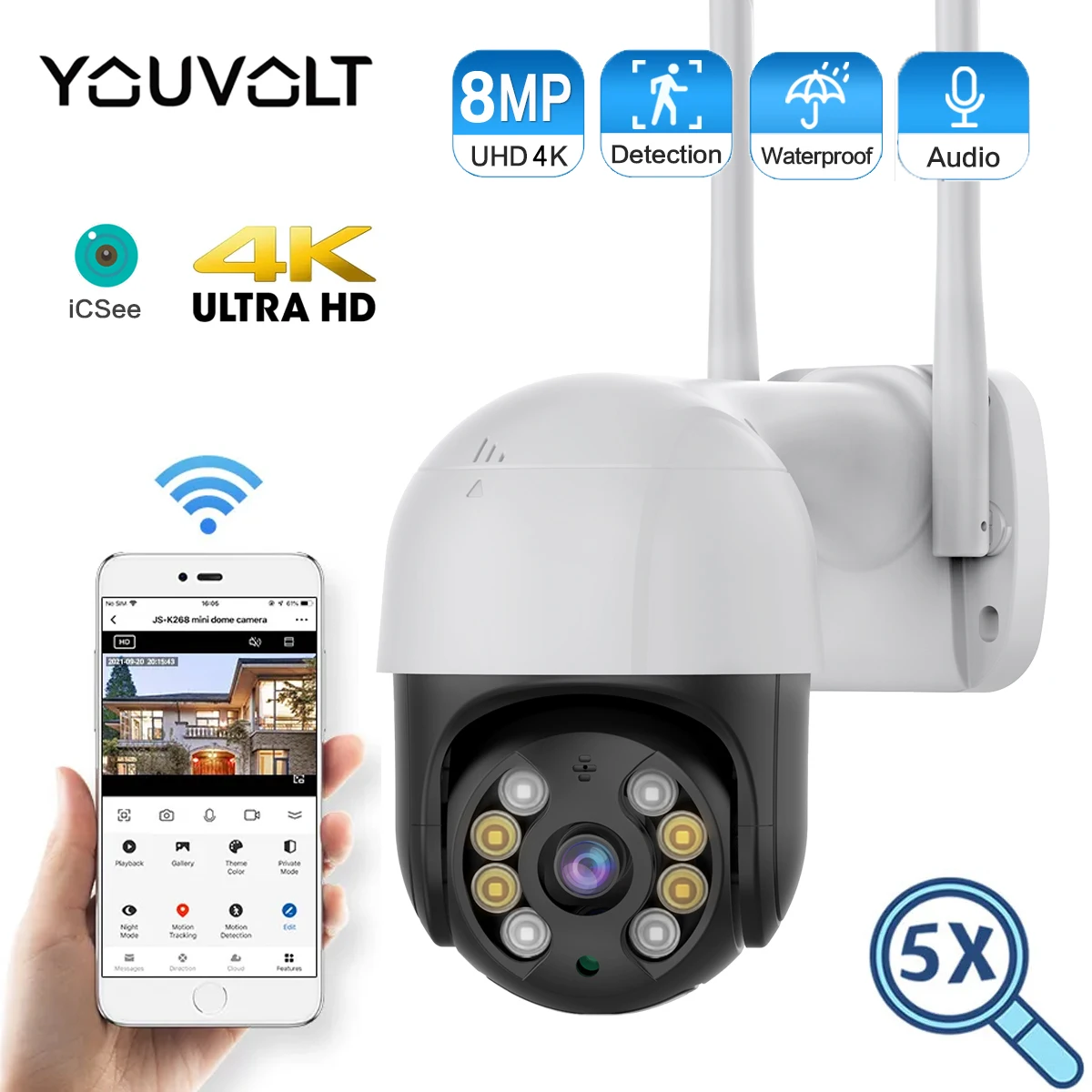 

8MP 4K IP Wireless PTZ Camera HD Color Night Vision Wifi Camera Outdoor Ai Auto Tracking CCTV Surveillance Cam 4X Digital Zoom