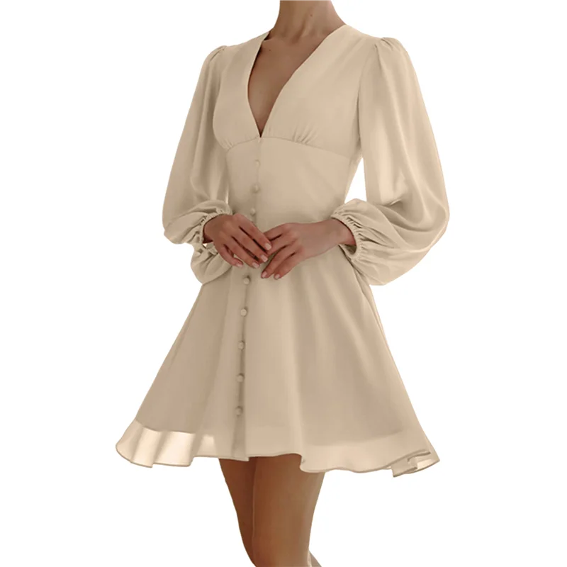 ASDS-Abito da donna con maniche a lanterna alla moda, elegante abito a tunica con bottoni e cintura, mini abito da ballo svolazzante