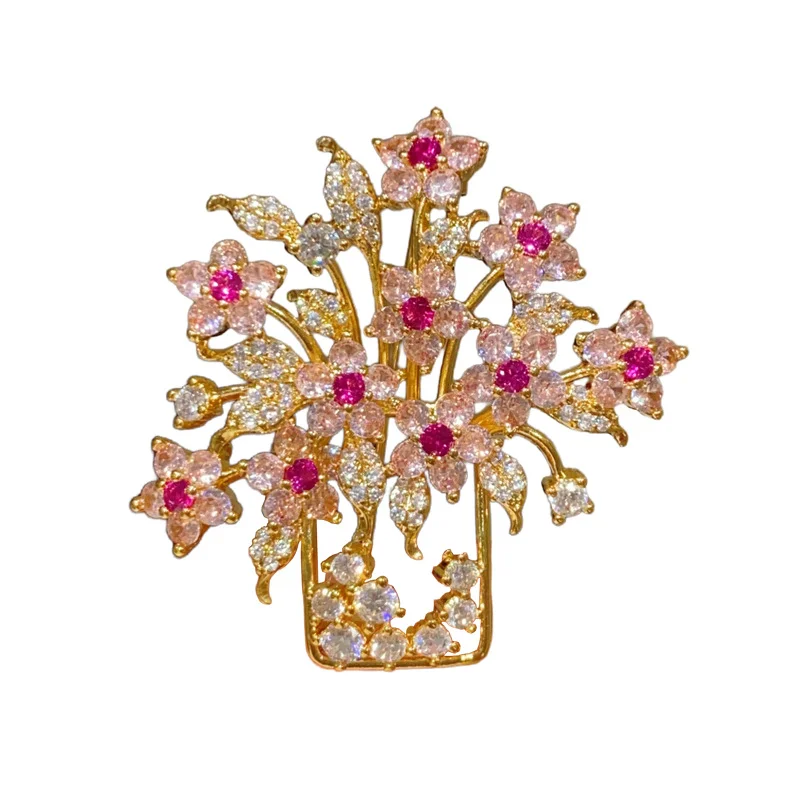 Bouquet Zircon Brooches for Women French Style Handheld Flower Enamel Hollow Label Pins Luxury Sparking Brooch Pin Gift