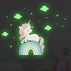 Pegatinas de pared brillantes con dibujos animados de unicornio y nube de arcoíris, decoración para dormitorio, regalo para niñas, decoración del hogar, calcomanías de pared de salón