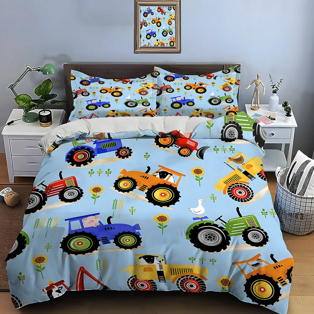 Colorful tractors with animals Bedding Set for Kids Luxury Gift 3pcs Digital Print Comforter Set Soft Comfortable Breathable