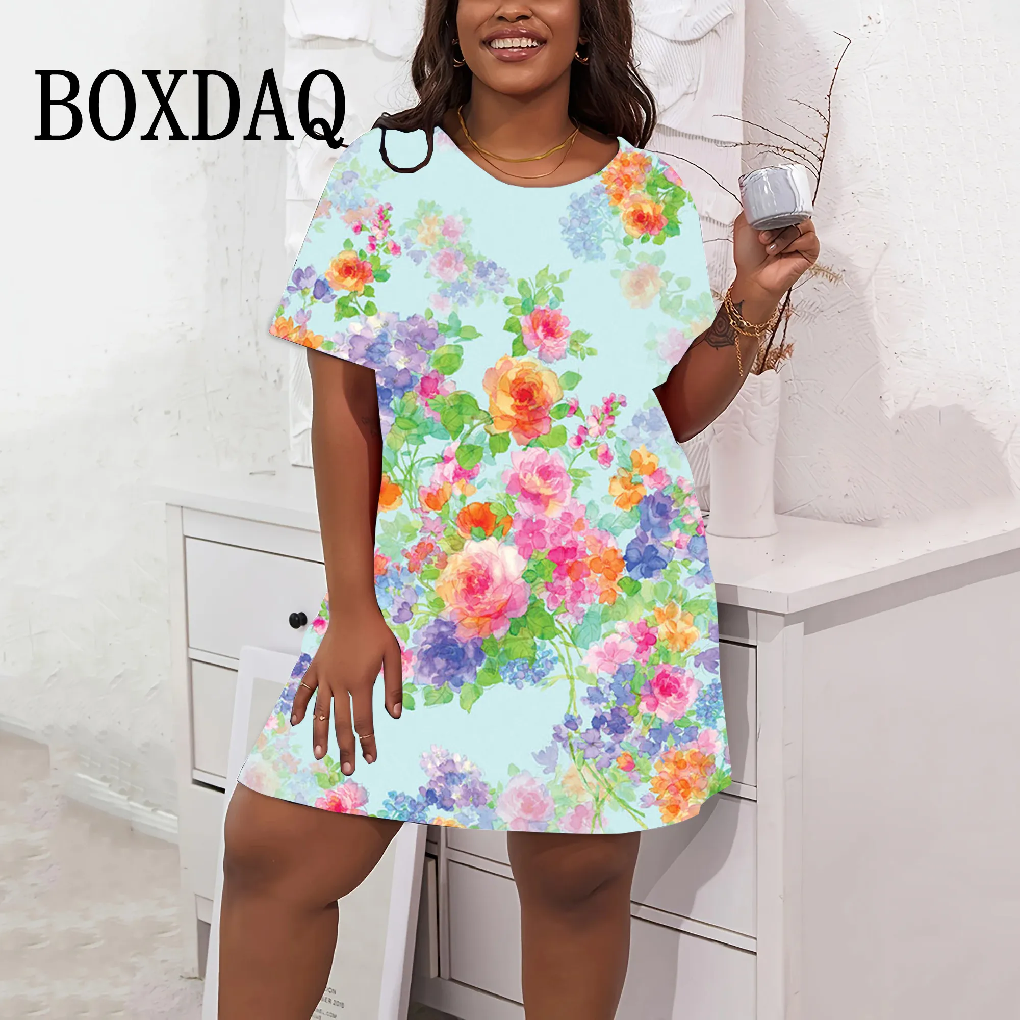 Fashion 3D Floral Print Dresses For Women Vintage Summer Big Sizes Short Sleeve Dress Casual O-Neck Loose Plus Size Clothing 9XL