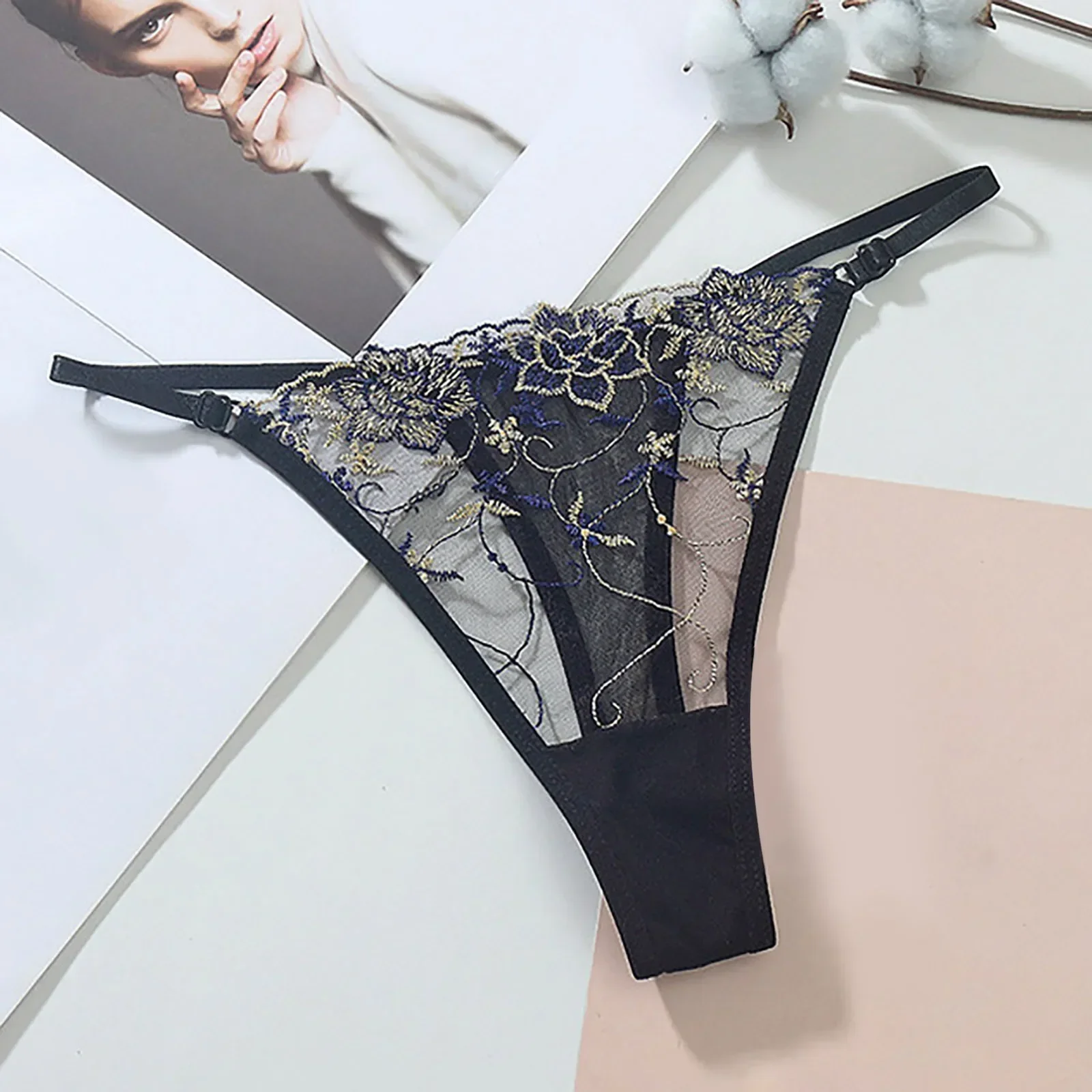 

new Women's Embroidered Sexy Underwear Hollow Mesh Thin Belt thong Low Waist Sexy Seamless thong Women's Cotton Crotch