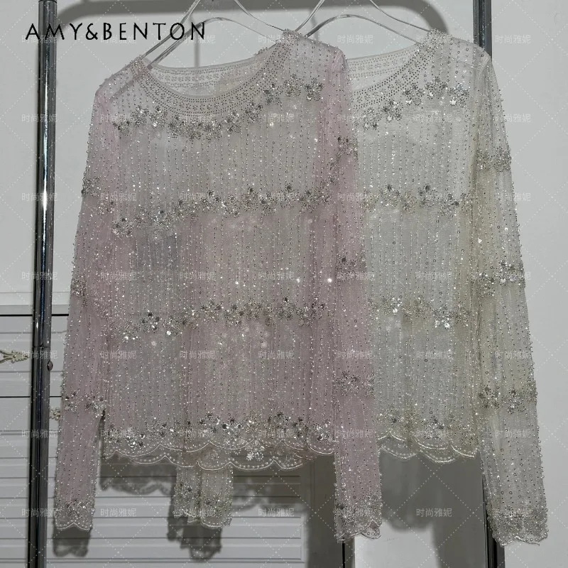 

Romantic Lace Pearl Heavy Sequin Beaded Long Sleeves Top Blouse Women's Slim Fit Mesh Bottoming Shirt Elegant Fashion Party Wear