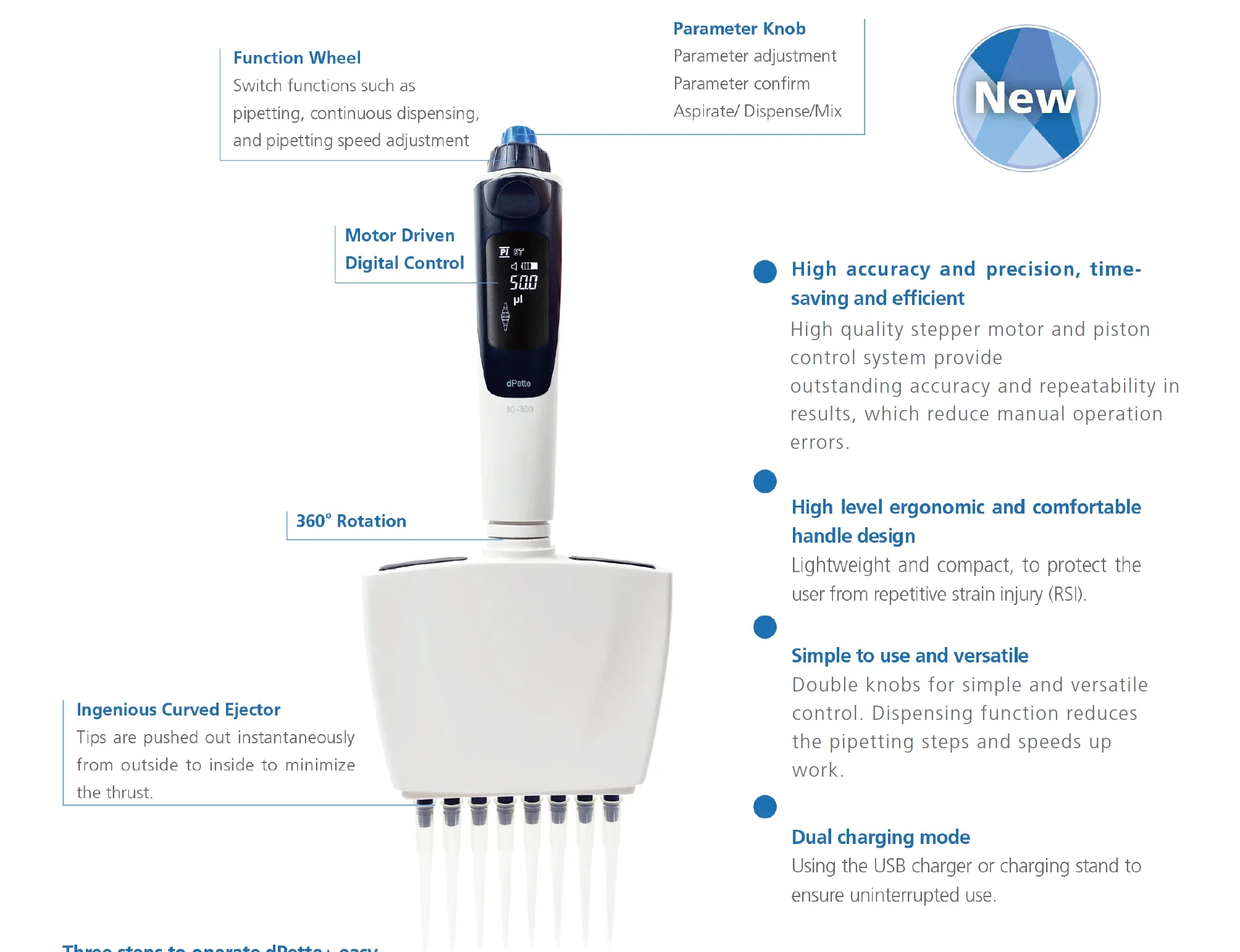 Hot Sales DPette+ High Accuracy 8-Channel Electronic Pipette Plastic Pipette Lab Use 0.5ul To 300ul OEM Support