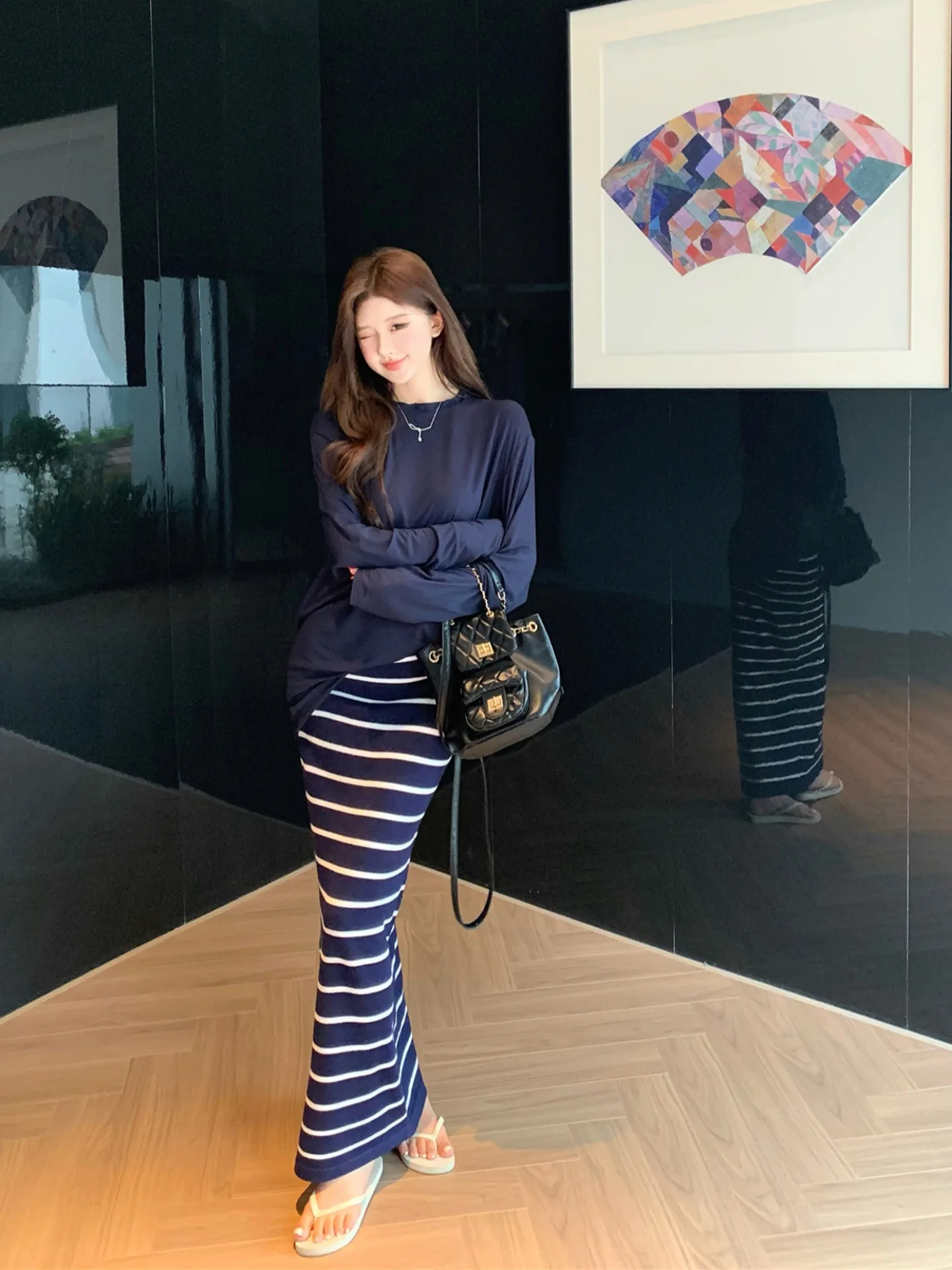 

Casual Loose Long Sleeve T-Shirt Set for Women Winter Warm Striped High Waist Skirt Two Piece Suit Comfortable Breathable Fas...