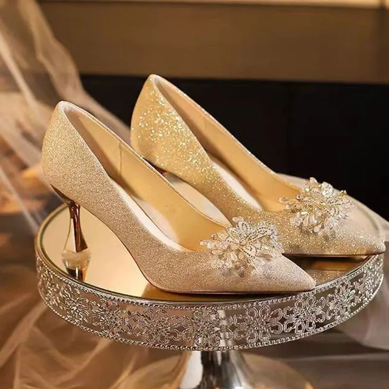 

Sweet Wind Pointed Toe Shallow Slip Rhinestone Flower Slip-on Non-Slip Wear-Resistant Stiletto Banquet Single Shoes