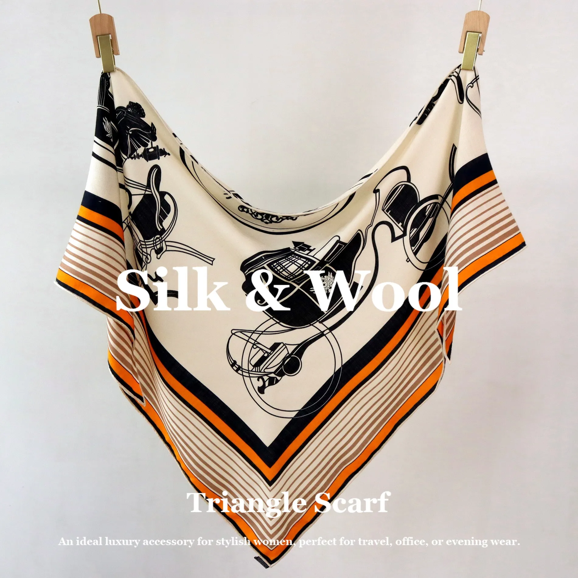 

Винтажный шарф-палантин из шелка и шерсти с конным принтом, женский, люксовый, 190 см, большой треугольный, мягкий, теплый, пашмина, ручная отделка