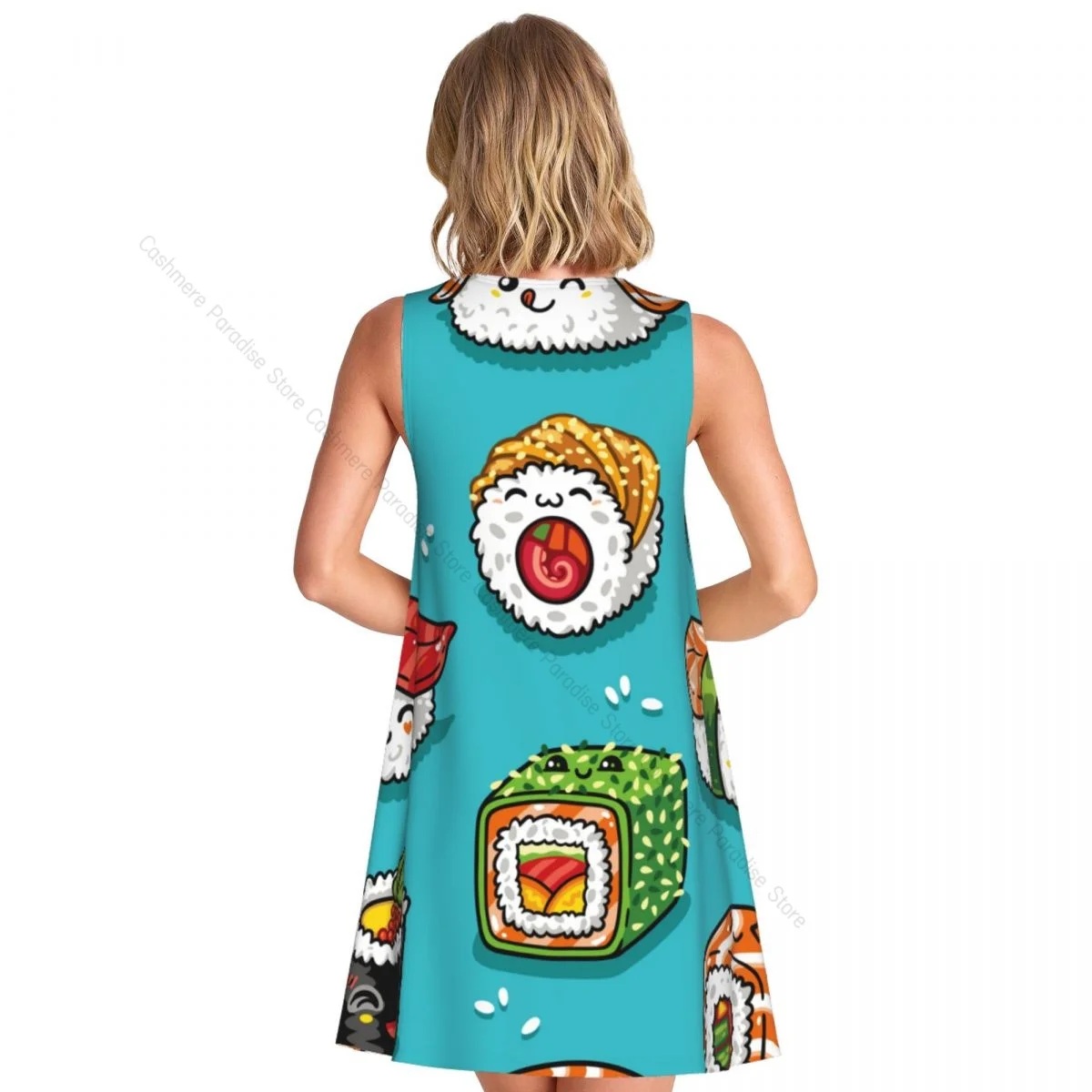 女性カジュアル膝女性のドレス漫画ロール寿司食品 O ネックノースリーブ上ドレス