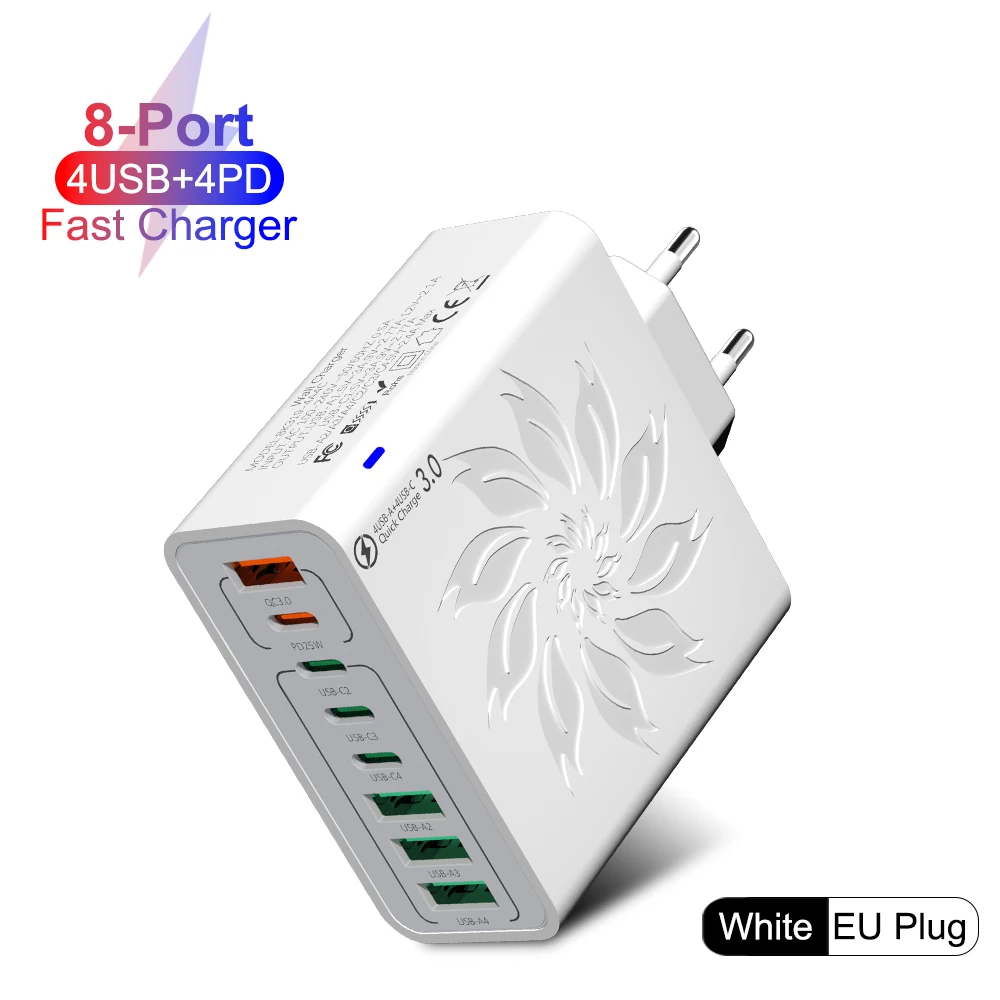 8 Port USB C Fast Charger 65W PD QC 5.0 Wall Adapter for iPhone 17 16 15 Xiaomi Samsung Huawei EU US KR Plug High Speed Charging