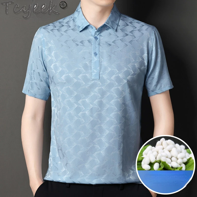 

Tcyeek 90% Mulberry Silk T-shirts for Men Black T-shirt Summer Clothes Polo T-Shirt Fashion Men's Short Sleeve Top Homme 2024