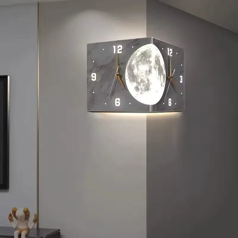 Starry Sky & Moon Pattern Corner Double-sided Wall Clock (Pointer Style) Acrylic Silent ClBacklit Display With Needle Drill-Free