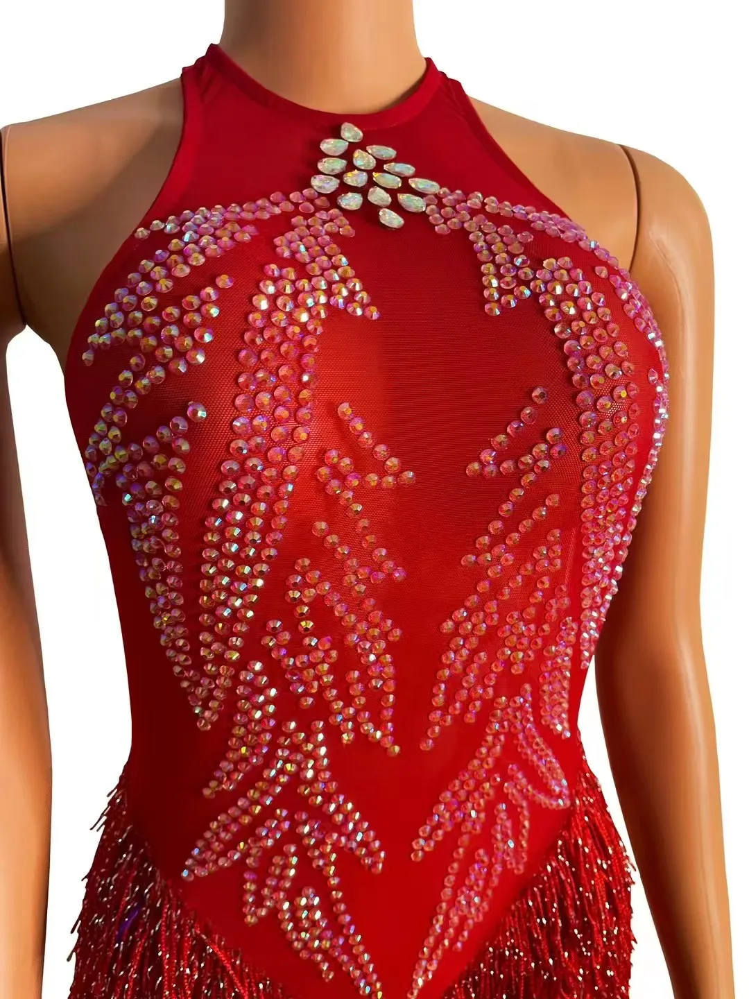 Abito da festa in rete rossa con frange di strass lampeggiantiDesign 2024 Cantante femminile Nightclub Dance OutfiPerformance Stage Show Wear A977