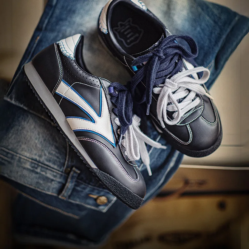 Maden Men's Casual Dual Lace-Up German Trainers Shoes Navy Blue Splice Sneakers Classic Low-Top Sporty Jogging Shoes for Walking