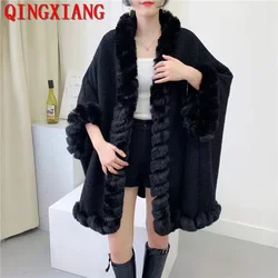 Women Winter Faux Lamb Lining Velvet Loose Sleeves String Fur Neck Poncho Big Pendulum Capes Oversize Cloak Long Thicken Topcoat