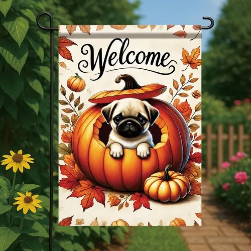 Fall Garden Flag Pug Dog in Pumpkin Yard Banner 12x18 Inch Double-Sided Cute Pup YYZ