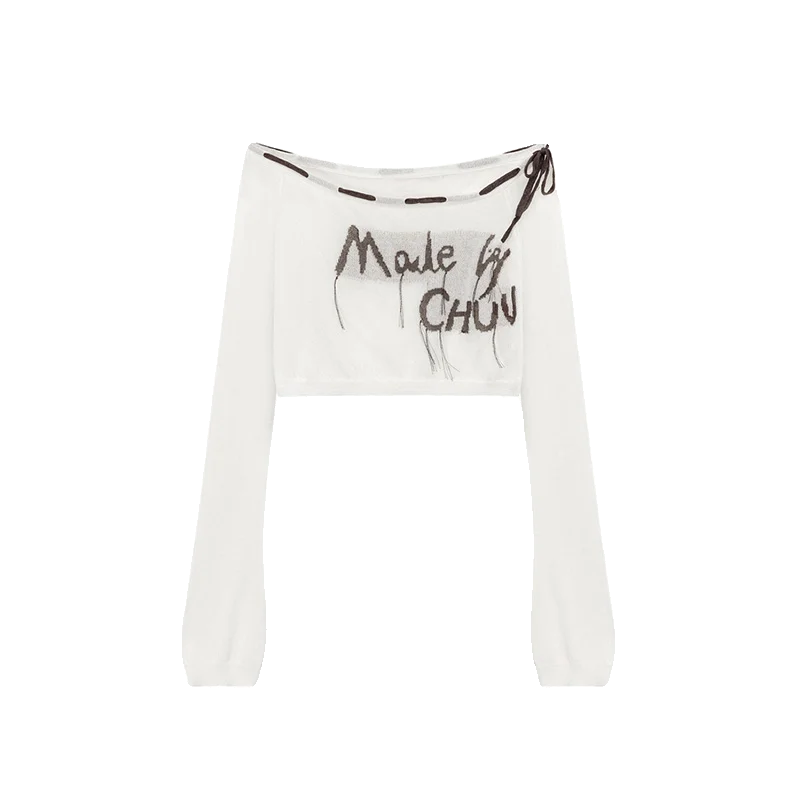

Women's Letter Tassle Sweaters T-shirts Female Summer One-shoulder Drawstring Lace-up Thin Long-sleeved Pullover Knitted Tops