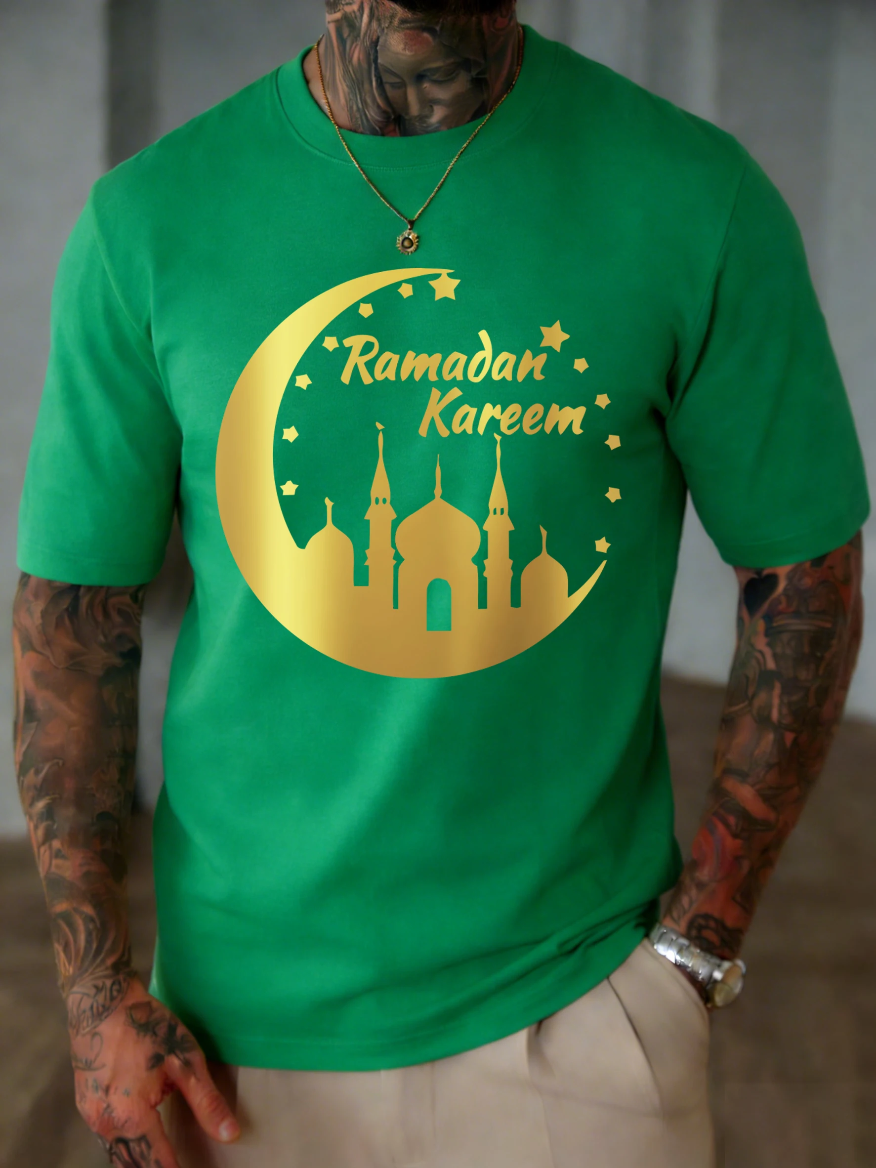 Ramadan Kareem Moon Bedruckte T-Shirts für Herren, Baumwolle, lässiges T-Shirt, atmungsaktiv, Rundhalsausschnitt, kurze Ärmel, Unisex, Sommermode, Kleidung