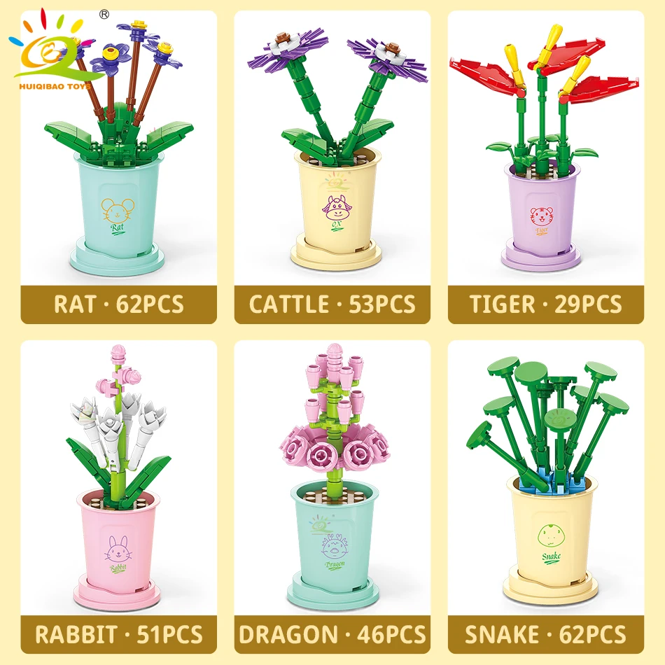 HUIQIBAO 12 Potted Plants MOC Flower Potted Building Blocks Brick Rose Blossom Flowerpot Ornaments Construction Toys Home Deco.