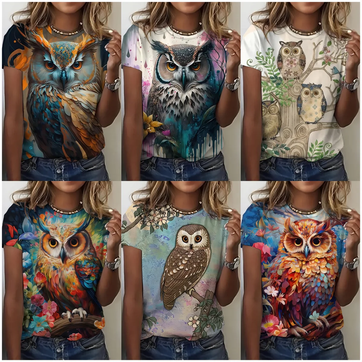 Summer Fashion Round Neck T-Shirt Oversized Women's Short Sleeve 3D Print Cute Owl Graphic Print T-Shirt Animal Loose Top