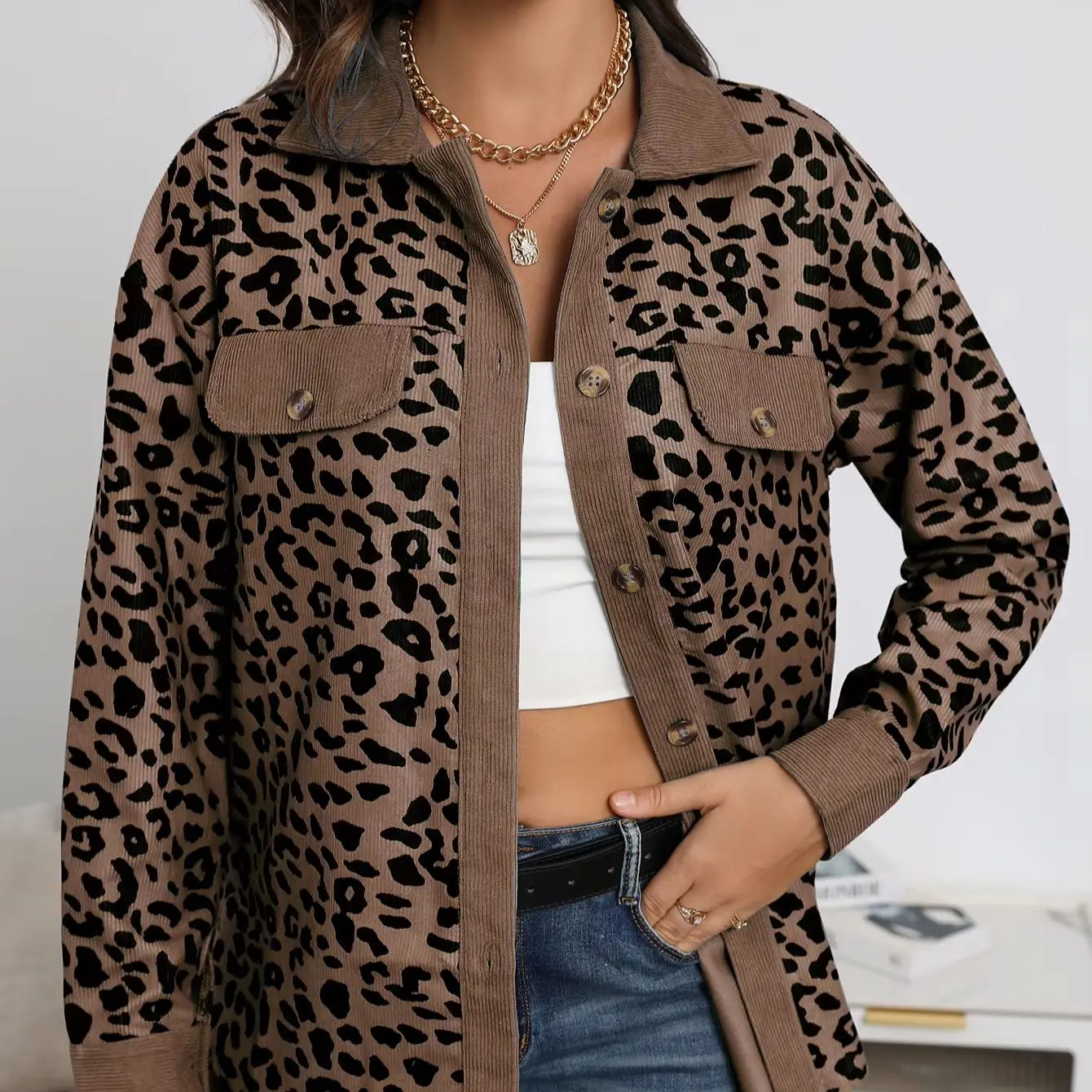 Leopard Print Corduroy Shirt Jacket Lapel Collar Button Front Long Sleeve Drop Shoulder Oversized Shacket with Decorative Fake C