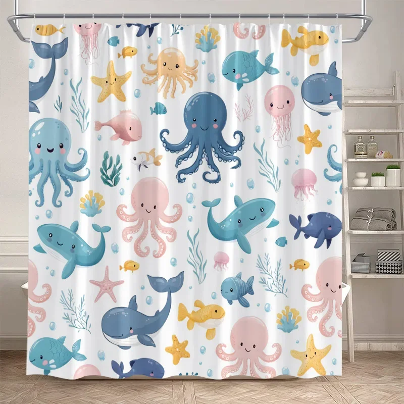 

Занавески для душа с героями мультфильмов, морских животных, осьминог, дельфин, морская звезда, рыба, детская занавеска для ванной, ткань, домашний декор для ванной комнаты с крючками